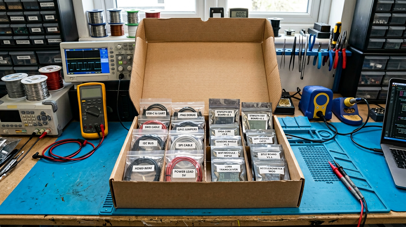Cables and labelled bench order, organised tools