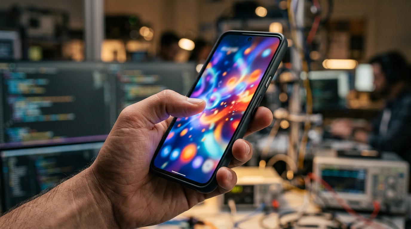 Hand holding smartphone with blurred app interface, testing context