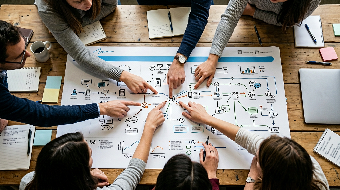 Overhead team table with journey map papers