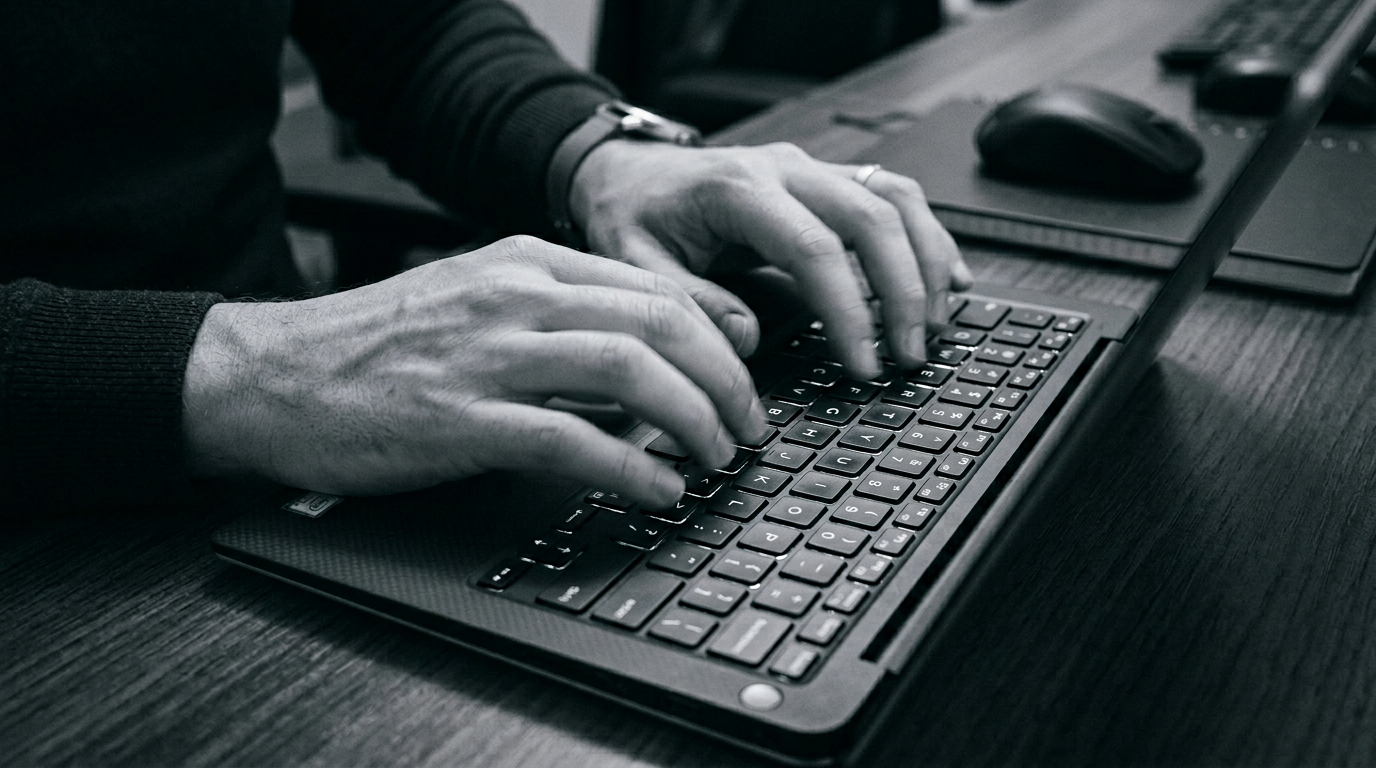 Hands on laptop keyboard in dim office light