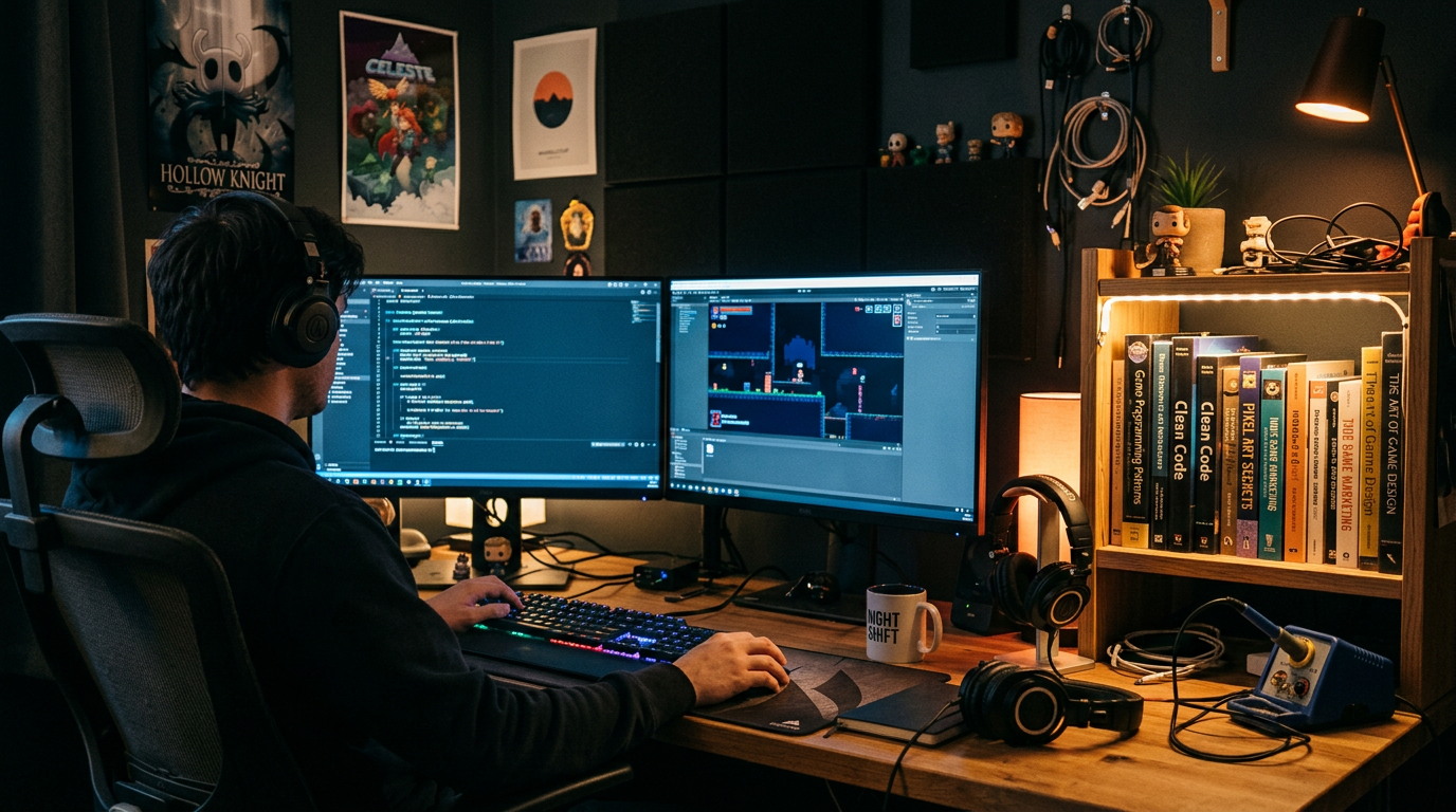 Dim indie developer desk with monitors and books