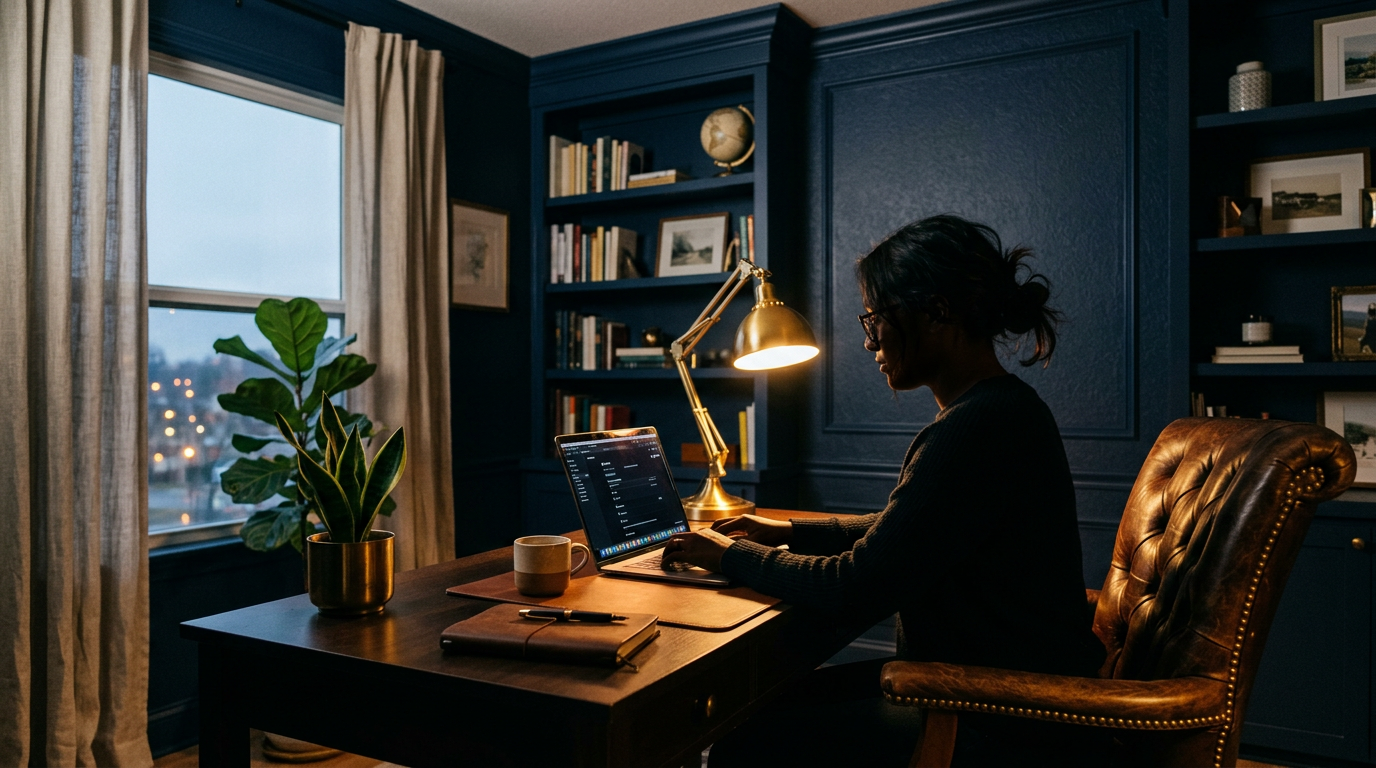 Quiet desk with lamp, editorial still life