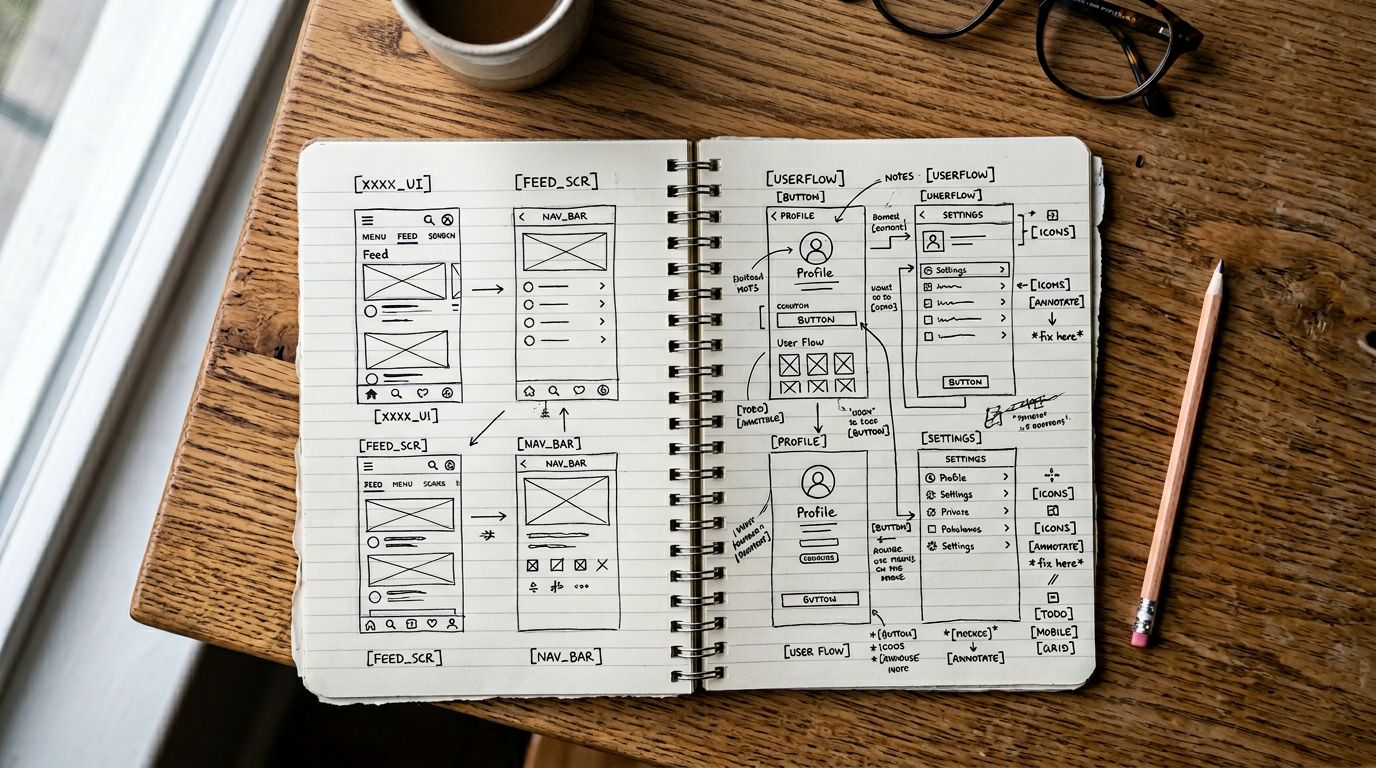 Notebook and pencil with UI sketch annotations