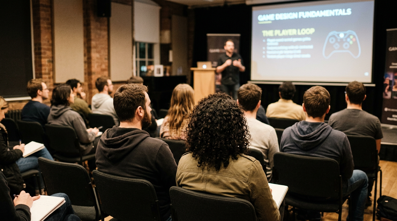Audience or observers seated, backs to camera