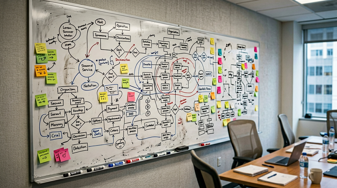 Whiteboard with diagrams and notes in a meeting room, no legible text